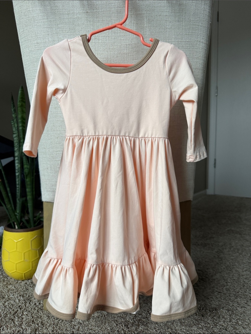 Girls' Peach Ruffle-Hem Long Sleeve Casual Dress by